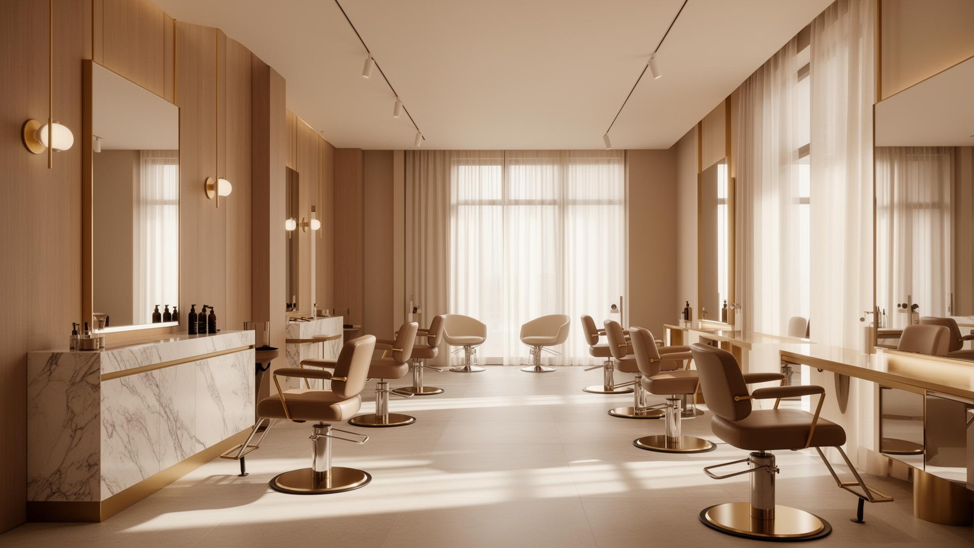 Interior of MASIH Hair Salon — warm modern salon with brass and marble